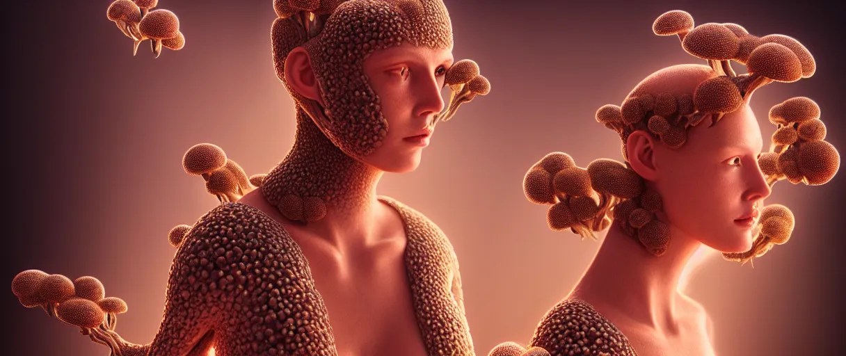 Image similar to hyperrealist highly detailed english medieval portrait of high fashion model wearing fungal fungus fungal growpth mycelia mycel mycelia funal spores spores mycel network armor, lopsided obscure body shape, radiating atomic neon corals, concept art pascal blanche dramatic studio lighting 8k wide angle shallow depth of field