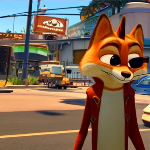 Prompt: Nick Wilde (from Zootopia) in a Grand Theft Auto loading screen