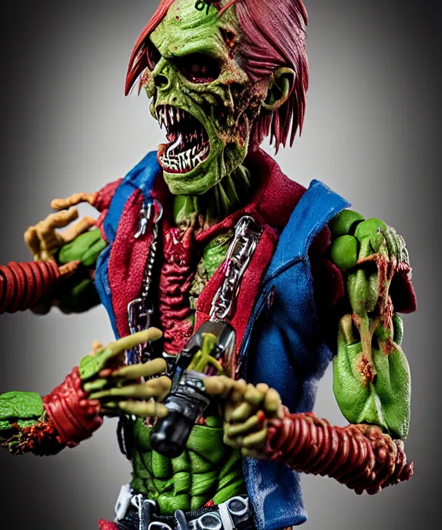 Image similar to hyperrealistic rendering, punk rock zombie is motu action figure, product photography