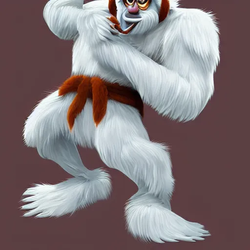 Image similar to digital art of the yeti, a white snow primate, in style of disney animation, expressive face, detailed face, detailed eyes, full body, feminine face, tracer overwatch, disney, pixar