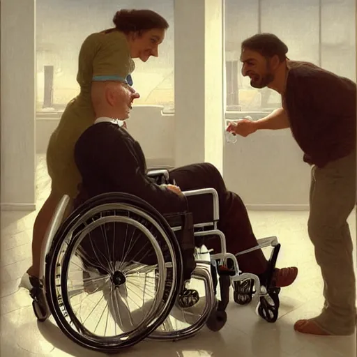 Image similar to a male patient in a wheelchair in the hospital with his wife and son standing by. happy, cheerful, smiling, intricate, face enhance, sharp focus, cinematic lighting, featured in artistation, 8 k, art by greg rutkowski, william adolphe bouguereau