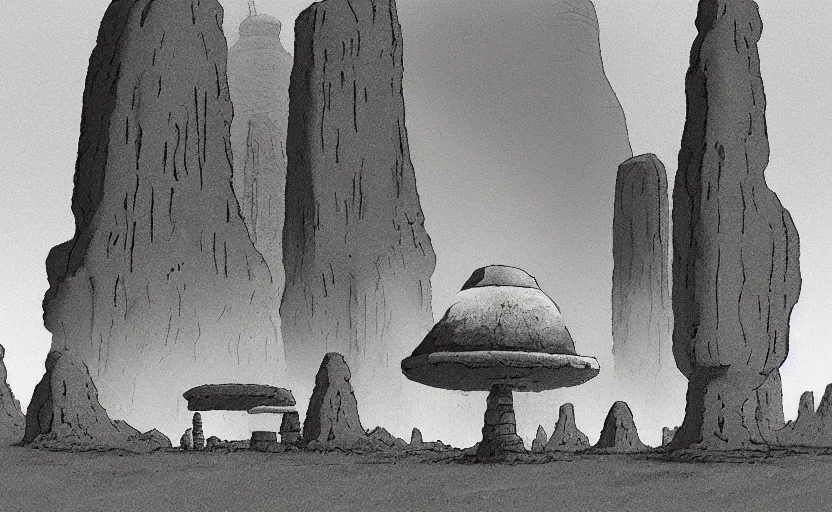 Prompt: a cell - shaded studio ghibli concept art from paprika ( 2 0 0 6 ) of a spaceship from close encounters of the third kind ( 1 9 7 7 ) in a lush temple that looks like monument valley stonehenge jungle. a caravan is in the foreground. very dull colors, portal, hd, 4 k, hq