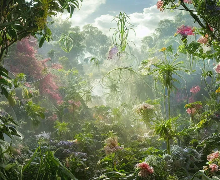 Image similar to transparent clear see - through image of twisting clouds, lush botany, floral environment, ultra realistic, concept art, art nouveau, photorealistic, octane render, 8 k, unreal engine. art by gustave dore and nori inoguchi and sam kaplan and zachary goulko and christopher marley and artgerm and alphonse mucha