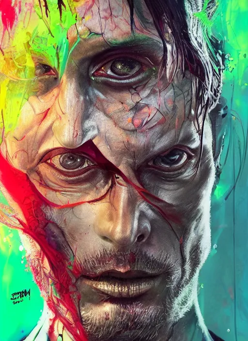 Image similar to a Demon Slayer portrait of Mads Mikkelsen, tall, pale-skinned, slender with lime green eyes and long eyelashes by Stanley Artgerm, Tom Bagshaw, Arthur Adams, Carne Griffiths, trending on Deviant Art, street art, face enhance, chillwave, maximalist, full of color, glittering