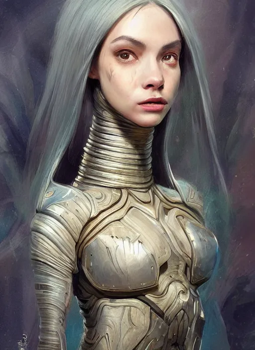 Image similar to a professional painting of a beautiful young female alien, clothed in ethereal armor, olive skin, long dark hair, beautiful bone structure, symmetrical facial features, intricate, elegant, digital painting, concept art, smooth, sharp focus, illustration, from Valerian and the City of a Thousand Planets, by Ruan Jia and Mandy Jurgens and Artgerm and William-Adolphe Bouguerea