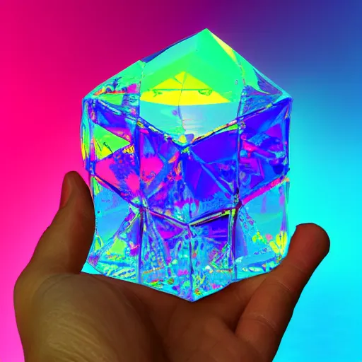 Prompt: a person holding a colorful object in their hand, a hologram!! ( ( ( by jeka kemp ) ) ), polycount, crystal cubism!!!, made of crystals!!!, irridescent, holographic
