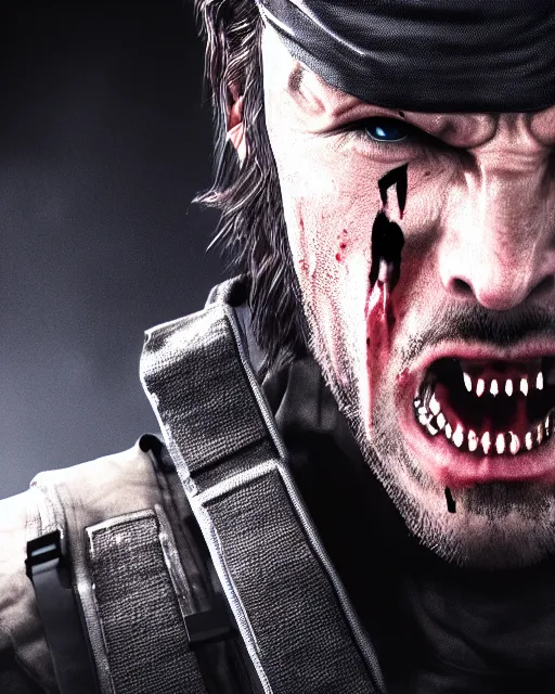 Image similar to solid snake portrait, cinematic lighting, anguished crying screaming yelling, mouth open, black atmospheric background, 4 k photography hdr