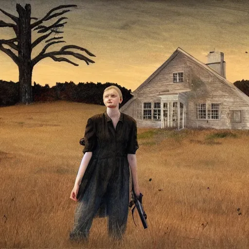 Prompt: Elle Fanning in the painted world of The Walking Dead, head and shoulders masterpiece, apocalypse, golden hour, cosmic horror, artstation, in the style of Andrew Wyeth and Edward Hopper and Bosch, extremely detailed