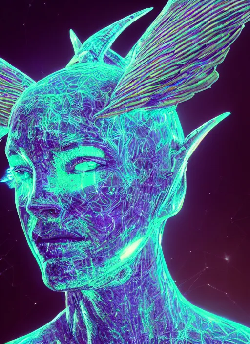 Image similar to a hybrid humanoid androgyne muse with recursive horned wings attached to side of head, concept art, alien-like, sculpted iridescent optical mineralogy features, intricate detail, holographic, pixel sorting, style by James Jean, circuitry, organic detail, asymmetry, cinematic, epic wide shot, ultra detailed, artstation, sharp focus,smooth, cinematic lighting, cinematic detail, composition, photorealistic, render in unreal engine 5, golden ratio, 8k render