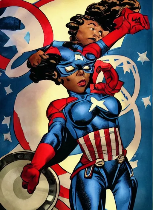 Image similar to beautiful black female captain america. afro - feminist captain america wins wwii. american wwii propaganda poster by james gurney, rob liefeld and pixar. gorgeous face. overwatch, realistic. black power