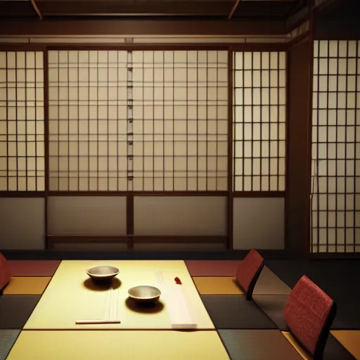 Image similar to still photo of a japanese dining room, highly detailed, photorealistic portrait, bright studio setting, studio lighting, crisp quality and light reflections, unreal engine 5 quality render