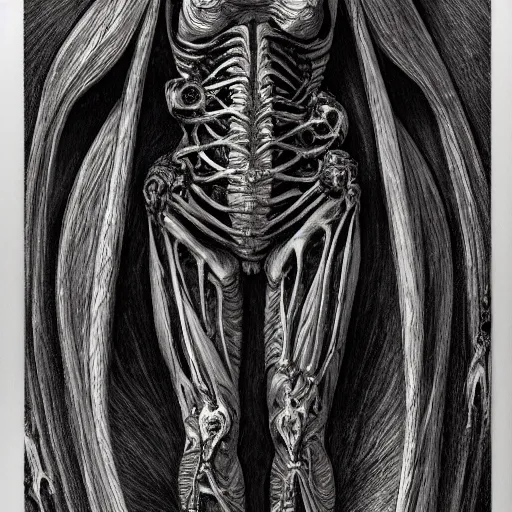 Image similar to cinematic scene of a detailed and intricate design of the back of full woman body and a baby fetus wrapped in bones, close up, rea, intrincate, in the style of giger, studio shot, dark shadows, creepy, nightmarish, dynamic lighting, great finesse organic hyper detailed, engineering blueprints, technical drawings, calculus, stained paper, hyperrealistic, ultra detailed, 16K, unreal engine, trending on artstation