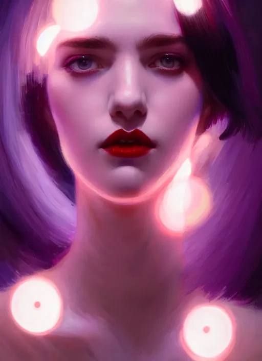 Image similar to portrait of pale teenage girl, red irises, black hair, white bangs, purple lipstick, intricate, elegant, glowing lights, highly detailed, digital painting, artstation, concept art, smooth, sharp focus, illustration, art by wlop, mars ravelo and greg rutkowski