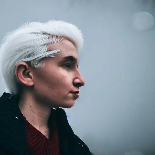 Prompt: woman with white hair in an industrial soviet city, air pollution, fog, dslr 5 0 mm portrait photo