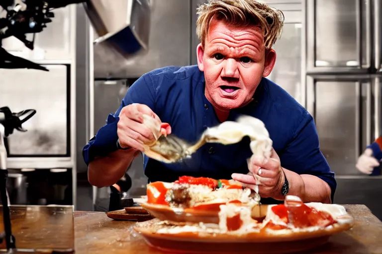 Image similar to closeup potrait of gordon ramsay vomiting on the set of masterchef, screen light, sharp, detailed face, spewing vomit, magazine, press, photo, Steve McCurry, David Lazar, Canon, Nikon, focus