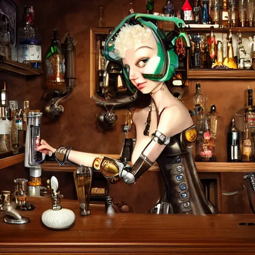 Image similar to a steampunk robot is at the bar and orders a drink from a (TY fluffy beanie baby puppy) bartender, cgsociety, old master.