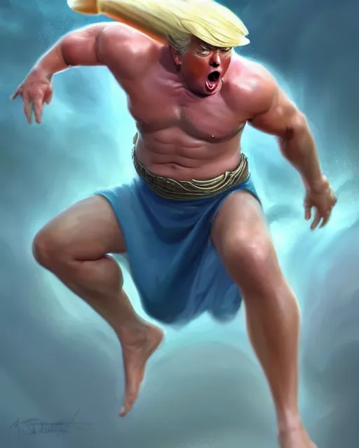Image similar to character concept art of donald trump as poseidon in a dynamic pose | cute - fine face, pretty face, realistic shaded perfect face, fine details by stanley artgerm lau, wlop, rossdraws, james jean, andrei riabovitchev, marc simonetti, and sakimichan, tranding on artstation