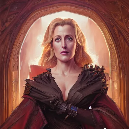 Image similar to gillian anderson, d & d, fantasy, intricate, elegant, highly detailed, digital painting, artstation, concept art, matte, sharp focus, illustration, hearthstone, art by artgerm and greg rutkowski and alphonse mucha