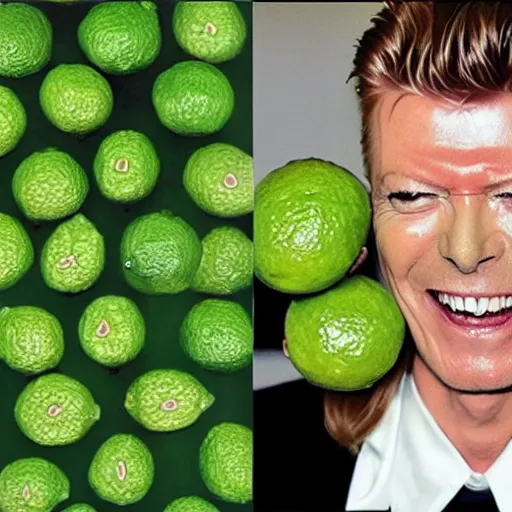 Image similar to david bowie laughing while holding 50 limes