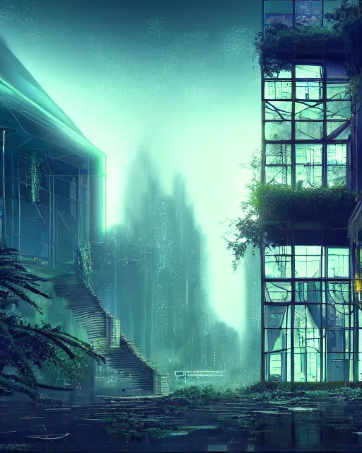 Prompt: architecture by marina tabassum, cgsociety magic realism reclaimed by nature made of glass myst synthwave cosmic nightvision cyberpunk, archdaily, wallpaper, highly detailed, trending on artstation.