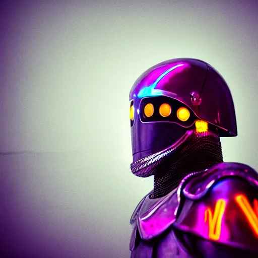 Image similar to photo of a futuristic knight cyberpunk, realistic, neon light, smoke, detailed