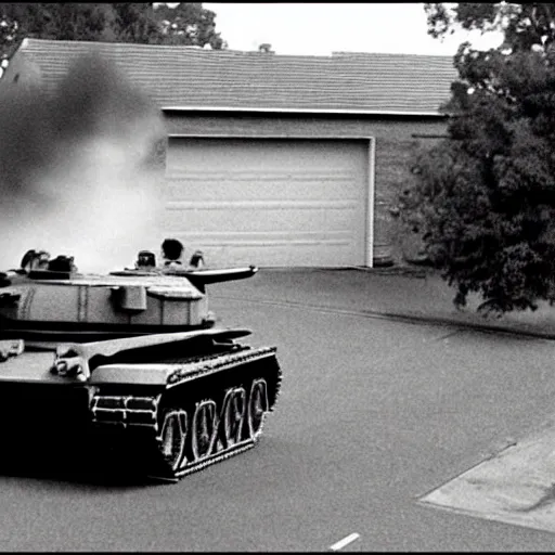 Image similar to cctv footage of a tank driving past a suburban neighbhoorhood, realistic, highly detailed, black and white, at night, taken on a security cctv camera, taken from the view of a house door.