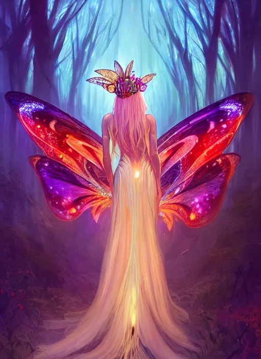 Prompt: stunningly beautiful female faerie priestess in amanita muscaria forest landscape, symmetrical wings on back, neon hair, fantasy art, wearing a dress of gossamer gold, inner glow, dark light night, face by otto schmidt, sharp focus, digital painting, 4 k, concept art, art by greg rutkowski and alphonse mucha, brom,