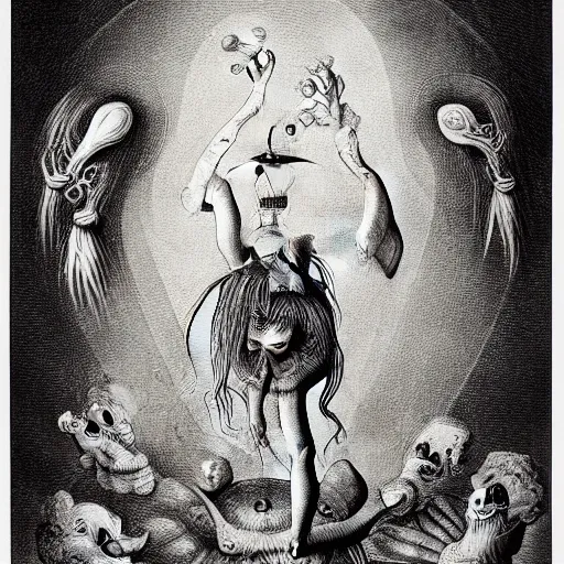 Image similar to whimsical freaky creature sings a unique canto about \'as above so below\' being ignited by the spirit of Haeckel and Robert Fludd, breakthrough is iminent, glory be to the magic within