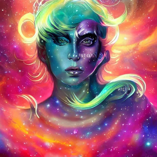 Image similar to lady gaga, galaxies and nebula flowing out of his body, artgerm, psychedelic floral planets, studio ghibli painterly style, trending on artstation