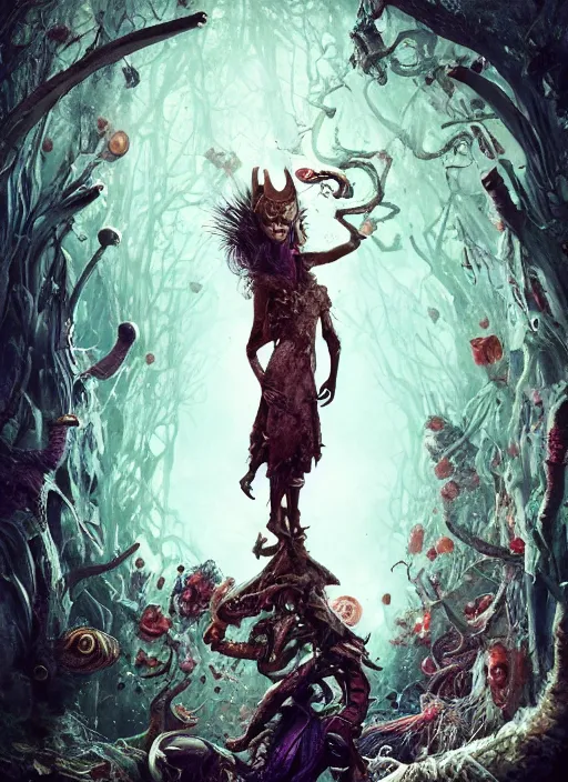 Image similar to alice in wonderland, viking god, alien, highly detailed, cinematic, 8 k, by megan duncanson, benjamin lacombe, adrian borda, stanley artgermm, tom bagshaw, craig mullins, carne griffiths, ayami kojima, beksinski, giger, trending on deviantart, hyper detailed, horror, full of colour