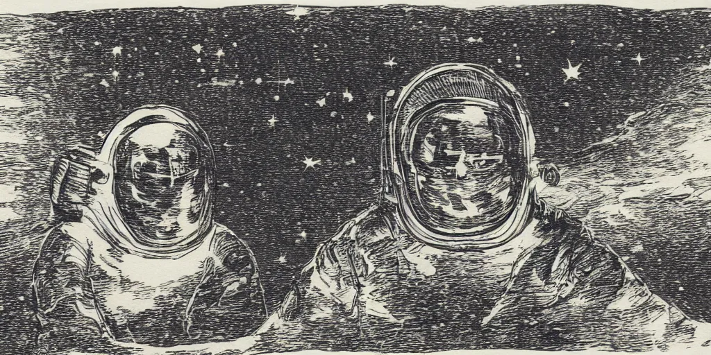 Image similar to portrait of a person wearing a space helmet on an alien planet, space and stars visible in the background, in the style of Goya etchings