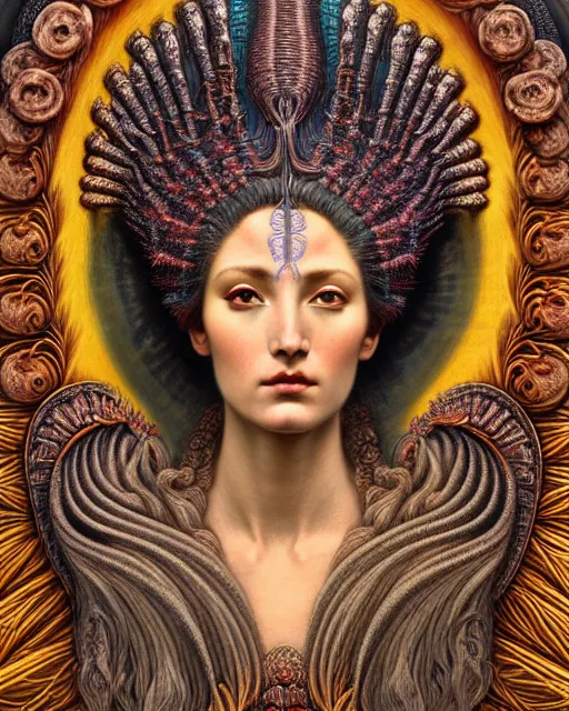 Image similar to hyperrealistic detailed face portrait of the beautiful goddess of the volcanos with an intricate headdress of an erupting volcano, art by ernst haeckel, john william godward, android jones, h. r. giger, gothic - cyberpunk, ornamental, dimmed pastel colours,