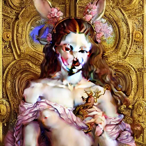 Image similar to a masterpiece ultrarealistic ultradetailed portrait of beautiful girl in bunny costume baroque renaissance. medium shot, intricate, elegant, by stanley artgerm lau, wlop, alphonse mucha, rossdraws, andrei riabovitchev, yoshitaka amano. flower background my james jeand and takashi murakami.