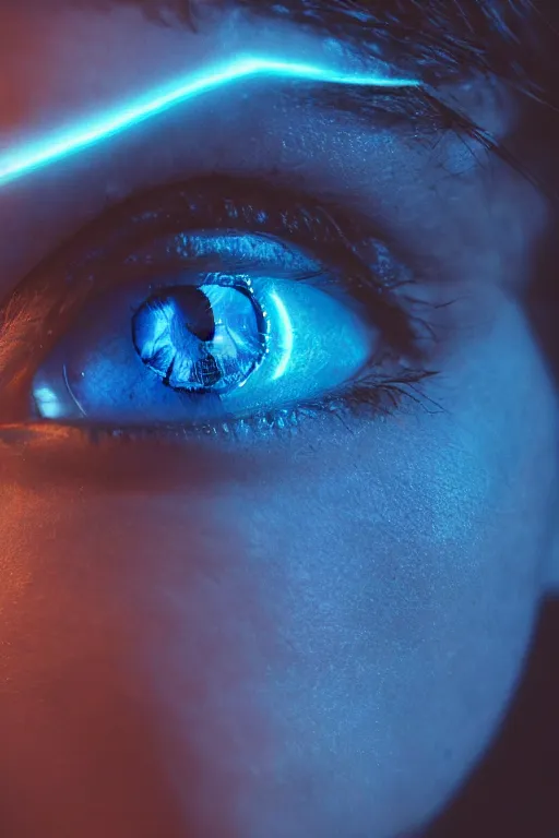 Image similar to A women with glowing blue eyes by Greg Rutkowski, beeple, Sung Choi, Mitchell Mohrhauser, Maciej Kuciara, Johnson Ting, Maxim Verehin, Peter Konig, final fantasy, macro lens, 35mm, 8k photorealistic, cinematic lighting, HD, high details, dramatic, dark atmosphere, trending on artstation