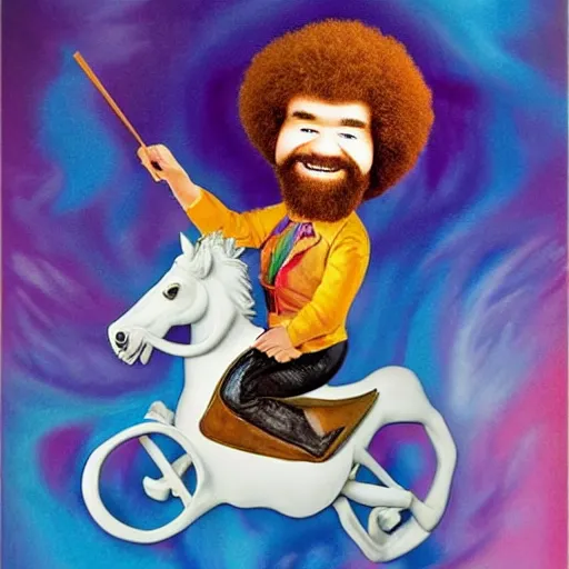 Image similar to bob ross riding a rocking horse on acid