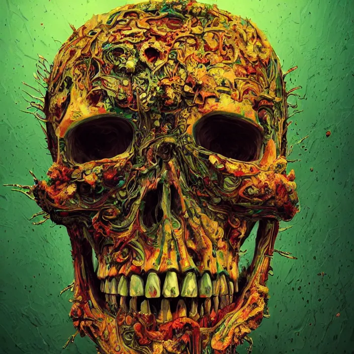 Prompt: portrait of a psychedelic skull. razor sharp teeth. infected with zombie virus. intricate abstract. intricate artwork. nightmare fuel. by Tooth Wu, wlop, beeple, dan mumford. octane render, trending on artstation, greg rutkowski very coherent symmetrical artwork. cinematic, hyper realism, high detail, octane render, 8k, iridescent accents
