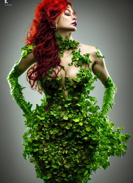 Prompt: expressive full body photo of the poison ivy, dress made of cabbages, glamour shot, by karol bak, stefan gesell, photorealistic, nikon d 4 x, fashion photography, hyper maximalist, elegant, ornate, luxury, elite, environmental portrait, symmetrical features, octane render, unreal engine, solid dark grey background, dramatic lights