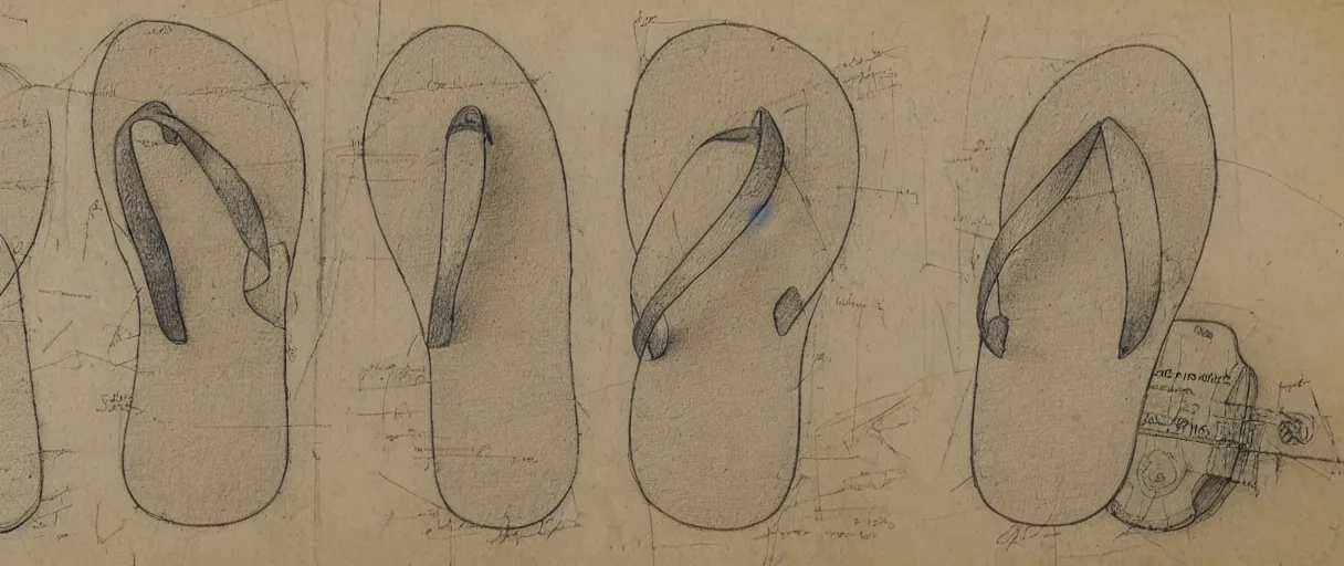 Prompt: detailed blueprint sketches of flip flops, labelled, high detail, realistic, professional, notes, diagram, by leonardo davinci, on yellow paper, worn, pencil, sketch