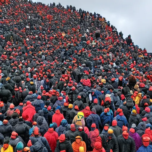 Image similar to humans stacked as high as mount everest