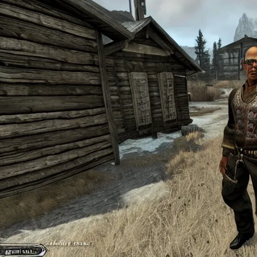 Prompt: gus fring visits whiterun, skyrim, highly detailed, realistic, elder scrolls, adventuring gear, business suit