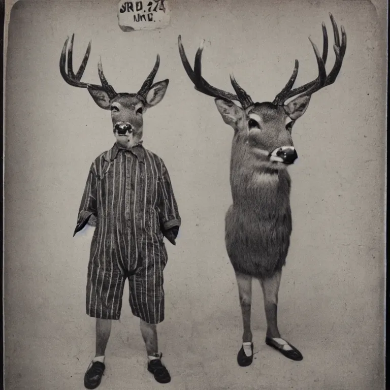 Image similar to deer headed man wearing striped prison clothing, colorized old jail mugshot