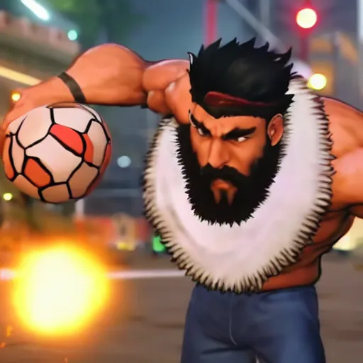 Image similar to a bearded man with short hair, brown eyes, using soccer balls as weapons in street fighter 5, game,