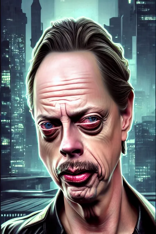 Image similar to wow! 3 / 4 stunning photorealistic portrait of steve buscemi in a kowloon cyberpunk cityscape, biomechanical bodysuit, oppai proportions, acid rain, dark fantasy by artgerm and clay mann and sorayama and alphonse mucha, very realistic, hyperdetailed, trending on artstation, octane render