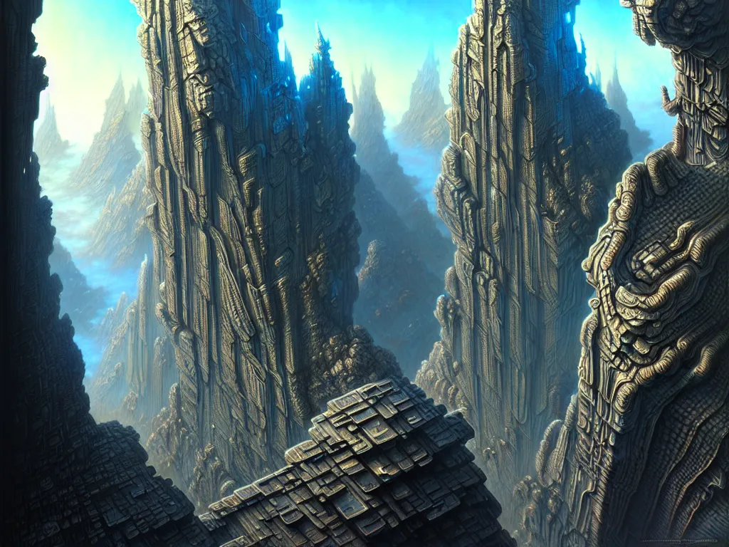Image similar to ultra detailed, futuristic cityscape carved into mountain wall, fractal mandelbulb, cyberpunk, fantasy, intricate details, elegant, super highly detailed, professional digital painting, artstation, concept art, smooth, sharp focus, extreme illustration, Unreal Engine 5, Photorealism, 8k, cinematic, art by artgerm and greg rutkowski and alphonse mucha and loish and WLOP