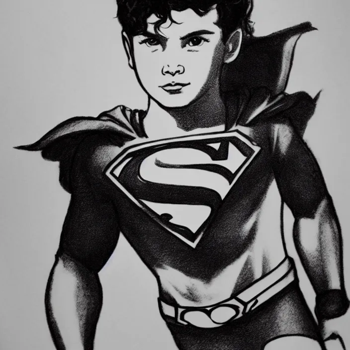 Prompt: epic beautiful ink pencil drawing of young superman in 1 9 8 5 cute hd cinematic portrait leica zeiss trending on flickr