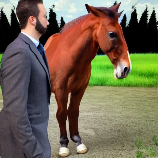 Image similar to a photorealistc horse character is wearing a suit, he is demonstrating the smartphone