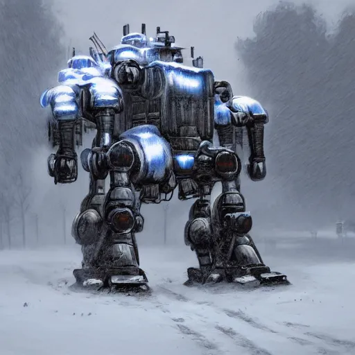 Prompt: russian walking steam mecha machine in the snow, Rozalski, trending on artstation