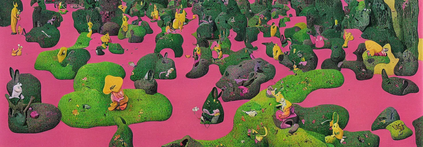 Image similar to a rock garden filled with pink rabbits, by m. c. escher, yellow, green, red, snowy, ultra sharp, ultra detailed, cyberpunk, happy, uplifting, colorized by salvador dali