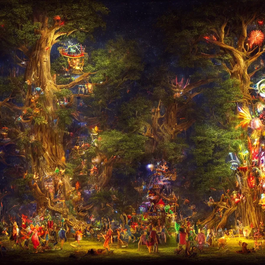 Prompt: closeup of a night carnival inside a tree cavity in a magical forest in the middle of a summer storm, with a music scenario with many fireworks and christmas lights, volumetric lightning, instense god rays in the sky, folklore people disguised with fantastic creatures in a magical forest by summer night, masterpiece painted by canaletto, scene by dark night environment, refraction lights,
