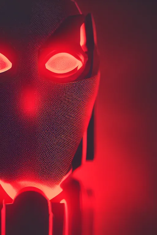 Prompt: closeup shot of a carbon black cyborg, macro shot, dof, cinematic, volumetric lighting, studio shot, red light, 4 k, highly detailed